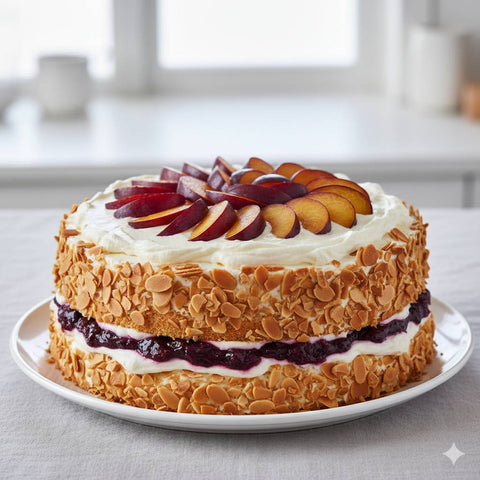 Eierpunschkuchen mit Pflaumen auf einem Tisch