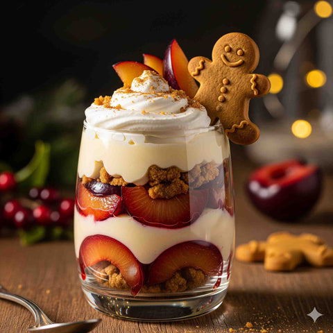 Eierpunsch-Pflaumen-Dessert auf einem Tisch