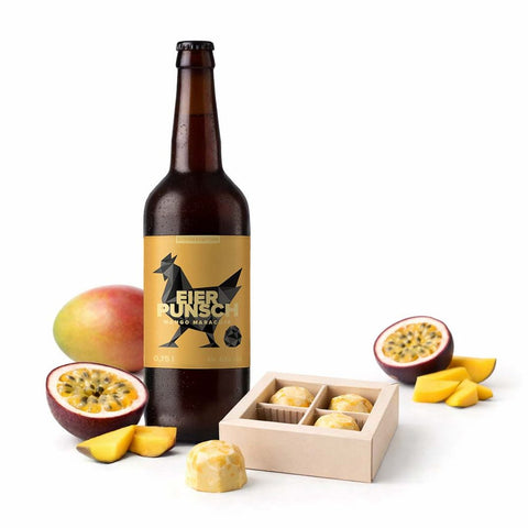 Eierpunsch Mango Maracuja Geschenkset mit Flasche und Pralinen – Sommer Edition