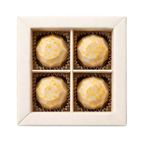 Premium Mango-Maracuja Eierpunsch-Pralinen in 4er Geschenkbox – handgemachte alkoholische Sommerpralinen aus weißer Schokolade mit tropischem Fruchtgeschmack aus Dresden