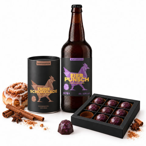 Eierpunsch Zimtschnecke, 9er Diamonds-Box & Edelbitter-Trinkschokolade