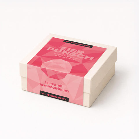 Strawberry Eierpunsch Pralinen-Schachtel – rosa Geschenkverpackung mit Erdbeer-Eierpunsch-Trüffeln aus weißer Schokolade, alkoholisches Konfekt als süßes Geschenk