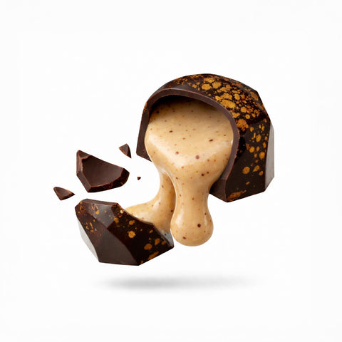 Aufgebrochene Latte Macchiato Eierpunsch-Praline mit herausfließender cremiger Kaffee-Eierpunsch-Ganache – alkoholisches Sommerkonfekt aus dunkler Schokolade