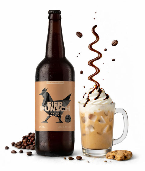 Eierpunsch Latte Macchiato – Flasche mit Kaffeeeisgetränk, Sahne, Schokoladensoße und Kaffeebohnen