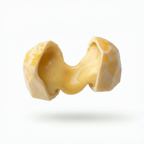 Aufgebrochene Mango-Maracuja Eierpunsch-Praline mit cremiger Frucht-Füllung – alkoholisches Sommerkonfekt aus weißer Schokolade mit tropischem Mango-Maracuja-Geschmack