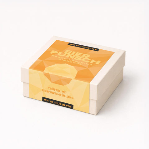 Mango-Maracuja Eierpunsch Pralinen-Schachtel – edle Geschenkverpackung mit Trüffeln und Eierpunschfüllung aus weißer Schokolade, alkoholisches Konfekt als Sommergeschenk