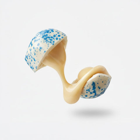 Aufgebrochene Pina Colada Eierpunsch-Praline mit cremiger Alkohol-Füllung – handgemachtes Konfekt aus Dresdner Eierpunsch und Kokos-Ananas-Geschmack