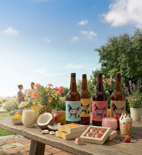 Sommer-Bundle Eierpunsch als Geschenk – verschiedene Sorten auf Gartentisch mit tropischen Früchten, Pralinen und Sommeratmosphäre