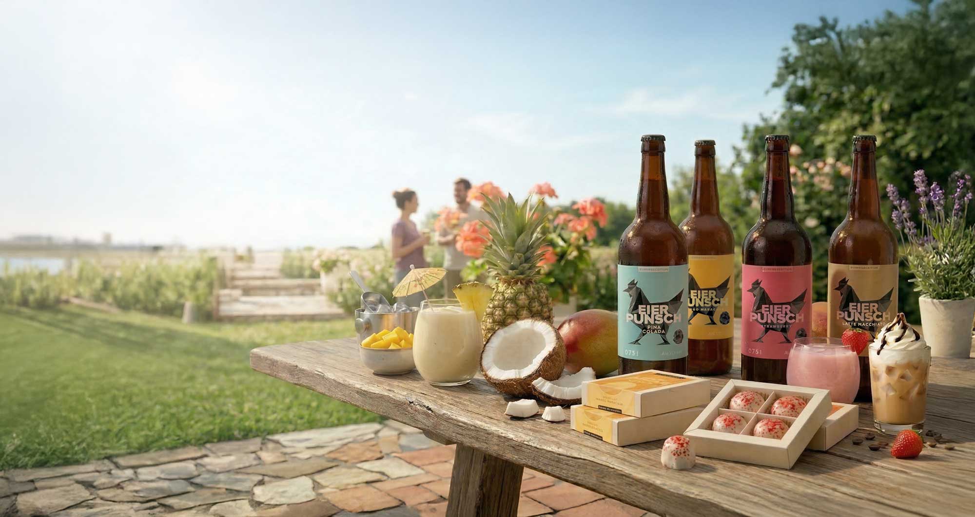 Eierpunsch Sommer-Geschenkset mit Pralinen – drei Flaschen verschiedener Sorten, Kokosnuss, Ananas, Mango und Pralinenschachteln im Garten